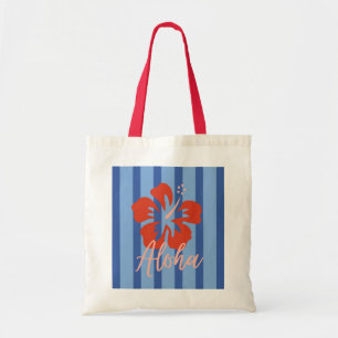 Bolsa Tote Texto Aloha Blue Strips Red Hibiscus Flower Tropic