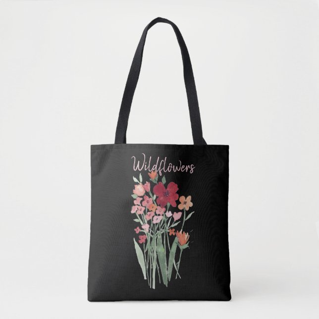 Bolsa Tote Texto de Flores Silvestres Vermelhas e Rosas (Frente)