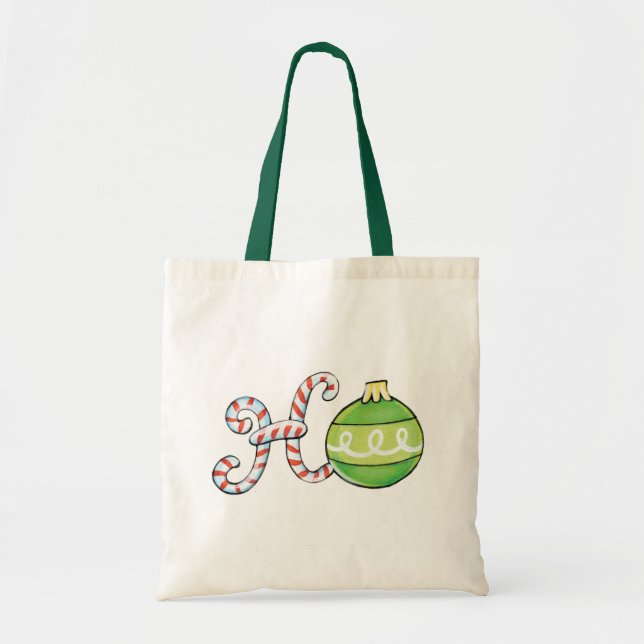 Bolsa Tote Texto de Natal Fofo, Ho em Doces Canas Enfeites (Frente)
