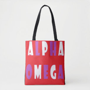 Bolsa Tote Texto grande branco roxo Alfa Omega vermelho