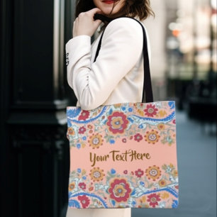 Bolsa Tote Texto Personalizado Floral Vintage Boho