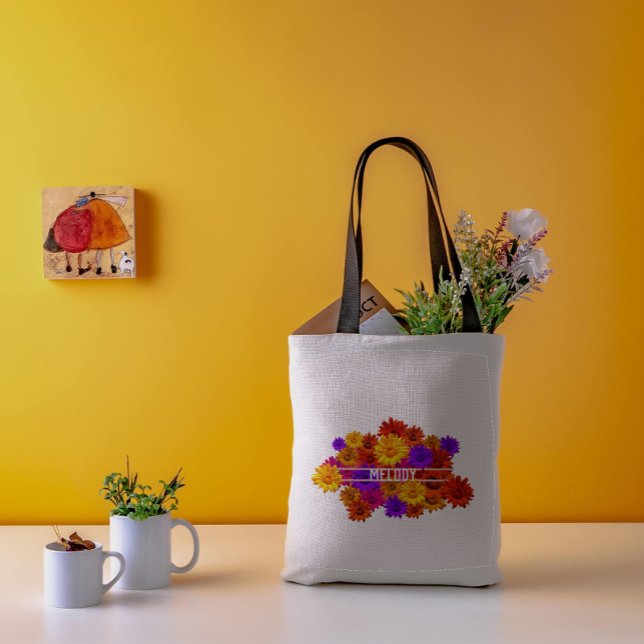 Bolsa Tote Texto Personalizado Flores de Hippie Coloridas (Criador carregado)