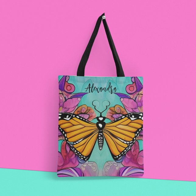 Bolsa Tote Texto Personalizado Monarca Colorido (Colorful, whimsical and stylish, too!)