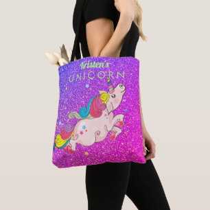 Bolsa Tote Texto Personalizado/ Rainbow Kawaii Unicorn Glitte