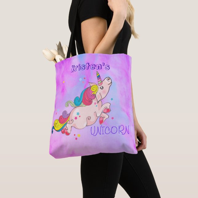 Bolsa Tote Texto Personalizado/ Rainbow Kawaii Unicorn Waterc (Close Up)