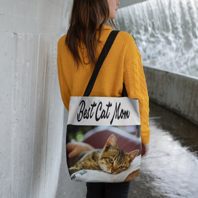 Bolsa Tote Texto Preto da Foto da Melhor Cat Mãe (Criador carregado)