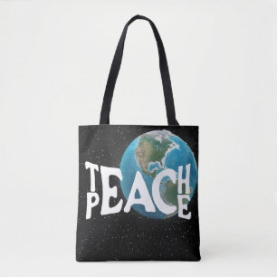 Bolsa Tote Texto "Teach Peace" e planeta Terra