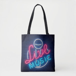 Bolsa Tote Texto Word de Arte Curvado do Neon Live Music