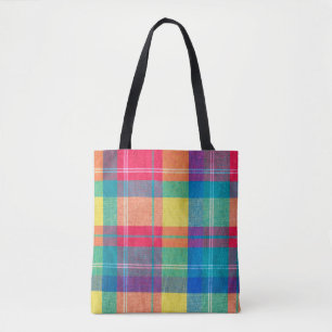 Bolsa Tote textura colorida da xadrez do tecido. Fundo de clo