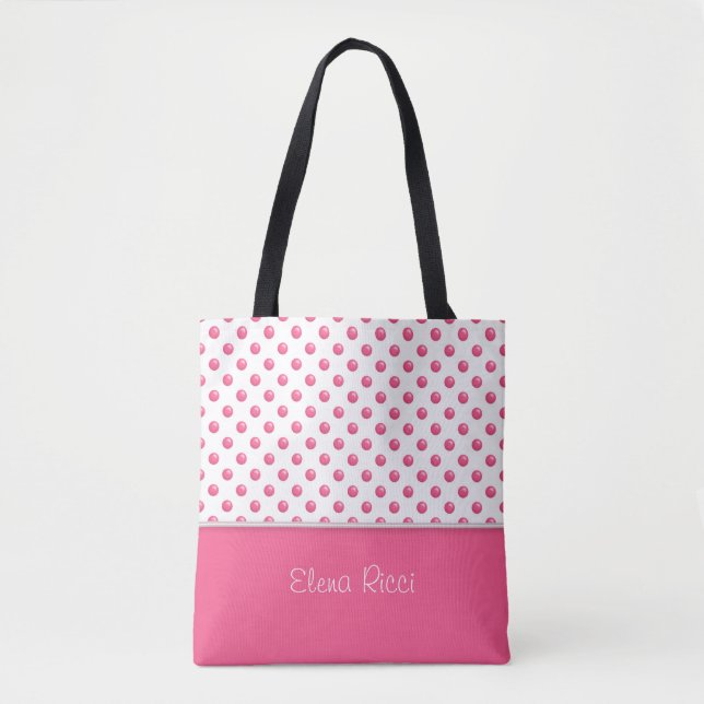 Bolsa Tote Textura cor-de-rosa das bolinhas abstratas. Texto (Frente)