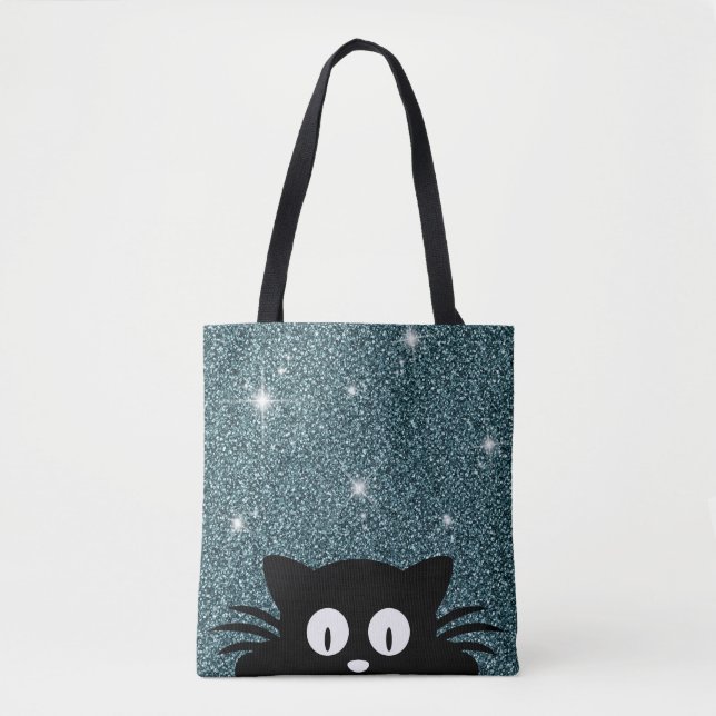 Bolsa Tote Textura de Brilho Falso Azul com um gato (Frente)