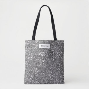 Bolsa Tote Textura de brilho prateado falso e nome personaliz