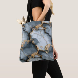 Bolsa Tote Textura de Mármore Azul Escuro com Veias de Ouro L
