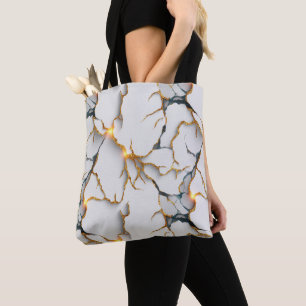 Bolsa Tote Textura de Mármore Branco com Veias Douradas Brilh