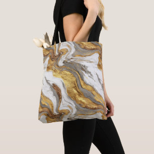 Bolsa Tote Textura de Mármore Cinza Abstrato com Ouro Fluido
