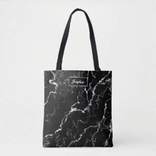 Bolsa Tote Textura de mármore preto falso com nome personaliz