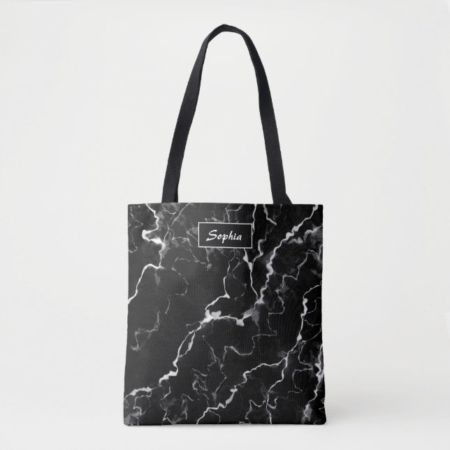Bolsa Tote Textura de mármore preto falso com nome personaliz (Frente)