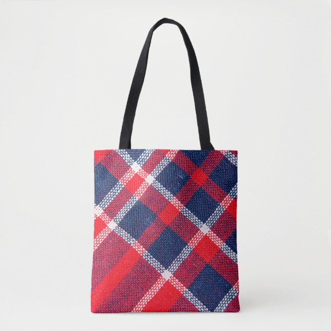 Bolsa Tote Textura de tecido de lã vermelho e azul (Frente)
