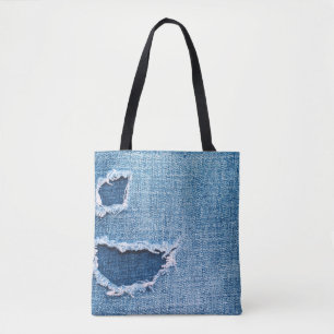 Bolsa Tote Textura do tecido denim rasgada, matizes azuis.