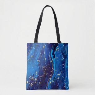 Bolsa Tote Textura Dourada de mármore azul luxuosa