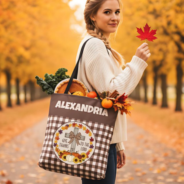 Bolsa Tote Thanksgiving Give Thanks To The Lord Brown Plaid (Criador carregado)