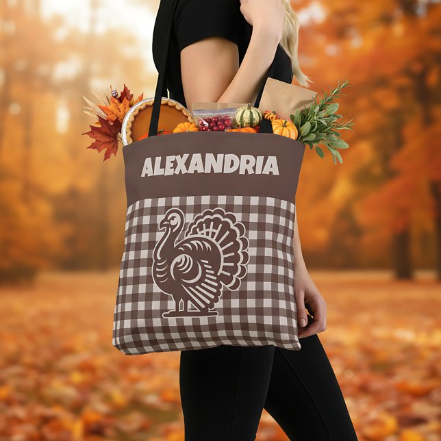 Bolsa Tote Thanksgiving Turkey Brown & Tan Plaid Name (Criador carregado)