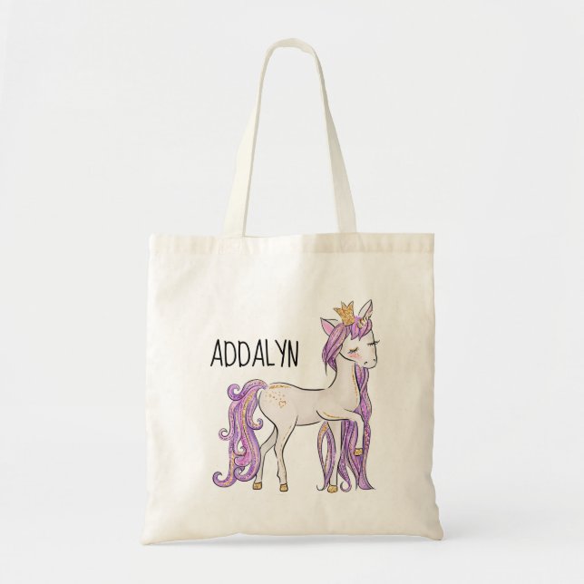 Bolsa Tote Tiara de Unicórnio Roxo Branco Personalizada (Frente)