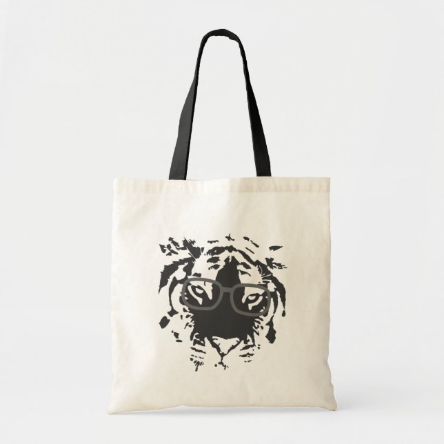 Bolsa Tote Tigre Hipster com Óculos, Preto (Frente)