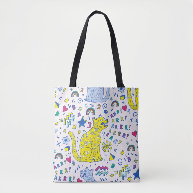 Bolsa Tote Tigre infantil e padrão arco-íris (Frente)