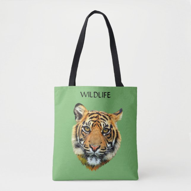 Bolsa Tote Tigre Selvagem de Rosto em Verde (Frente)