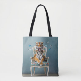 Bolsa Tote Tigre sentado em uma cadeira antiga borboletas azu