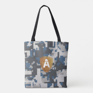 Bolsa Tote Tijolos militares da cinza azul com o seu Monogram