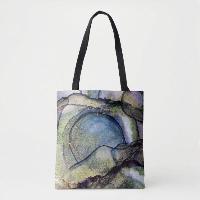 Bolsa Tote Tinta Azul e Dourada de Álcool Abstrato Arte Líqui (Frente)