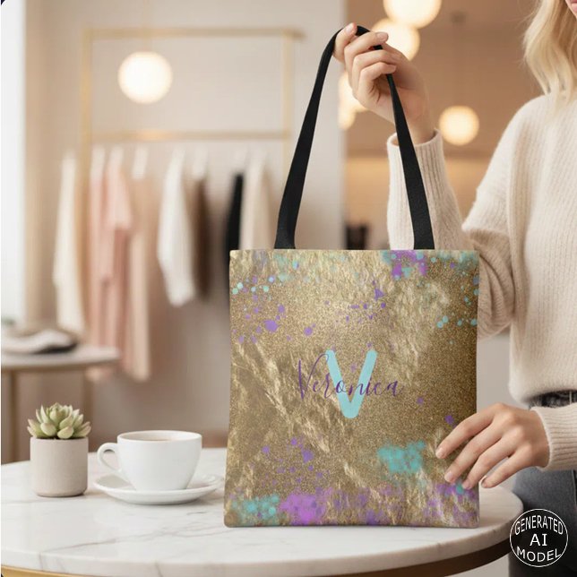 Bolsa Tote Tinta Brilhante Dourada Artística com Glitter em B (Criador carregado)