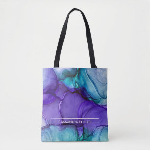 Bolsa Tote Tinta de Álcool Roxo e Teal Abstrato