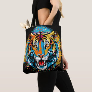 Bolsa Tote Tinta de cores Arco-íris Cabeça de Tigre