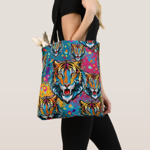 Bolsa Tote Tinta de cores Arco-íris Cabeça de Tigre