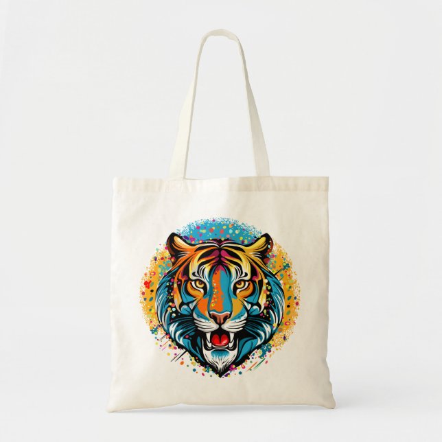 Bolsa Tote Tinta de cores do Arco-íris Cabeça de Tigre (Frente)