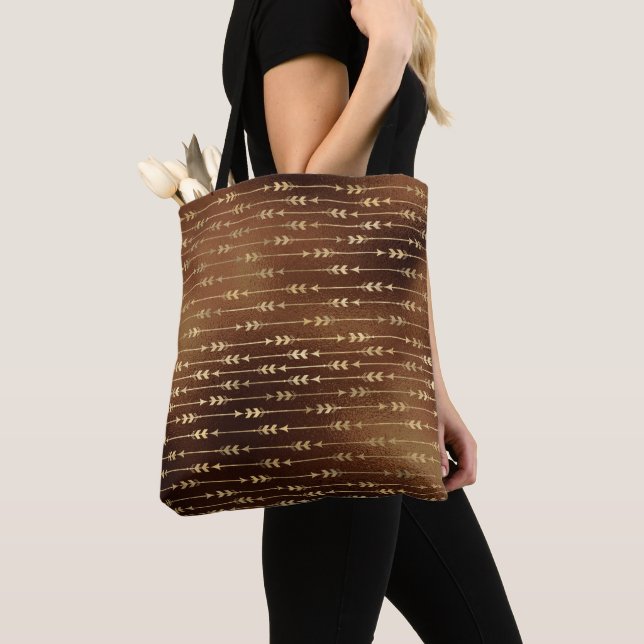 Bolsa Tote Tinta Marrom Bronze Flechas Douradas Arco e Flecha (Close Up)