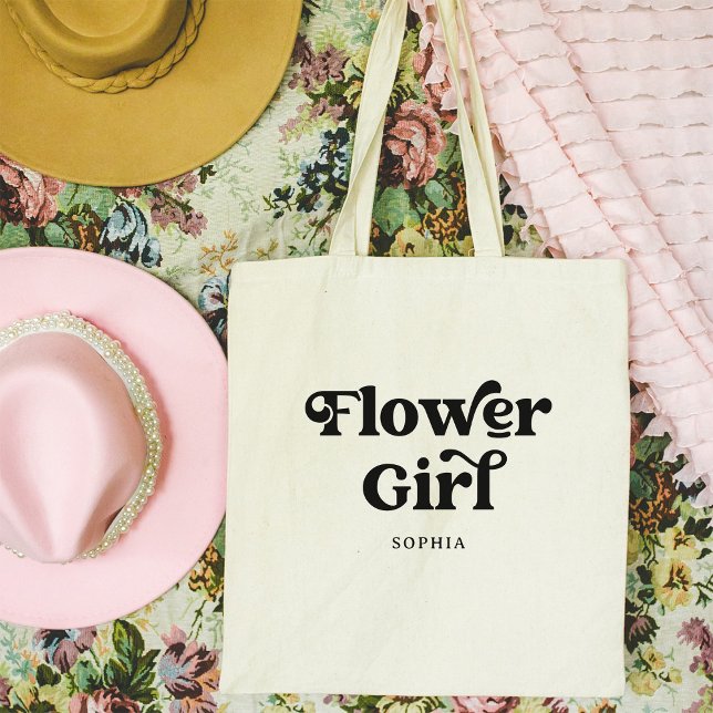 Bolsa Tote Tipografia de Boho Retro Simples | Flor (A retro, boho tote for the flower girl)
