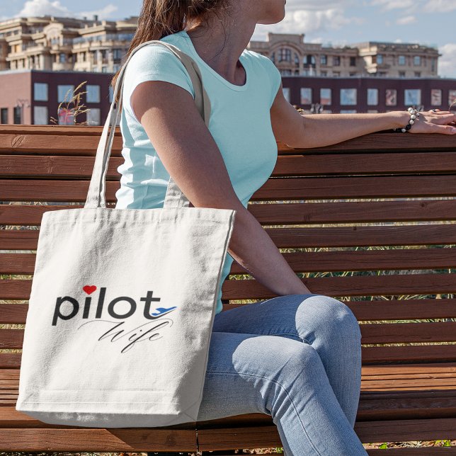 Bolsa Tote Tipografia de esposa piloto e avião simples, minim (Criador carregado)