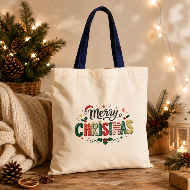 Bolsa Tote Tipografia Festiva de Natal Feliz  (Criador carregado)
