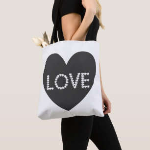 Bolsa Tote Tipografia Moderna de Coração de Amor Preto e Bran