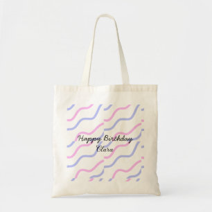 Bolsa Tote Tiras roxas cor-de-rosa, feliz aniversário adicion