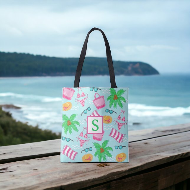 Bolsa Tote Toalha de palmeira de Bikini, na praia de Preppy (Criador carregado)