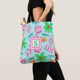 Bolsa Tote Toalha de Praia com Monograma Preppy e Palmeira