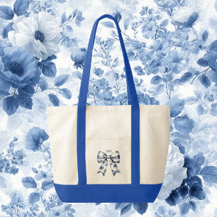 Bolsa Tote Toile Azul e Branco com Corte Contraste