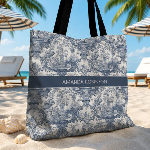 Bolsa Tote Toile de jouy floral damasco azul vintage monogram