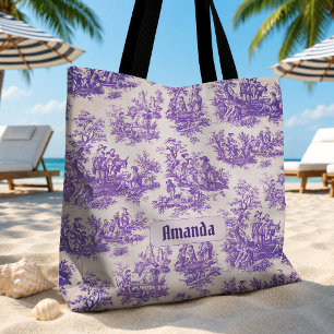 Bolsa Tote Toile de Jouy floral roxa vintage monograma