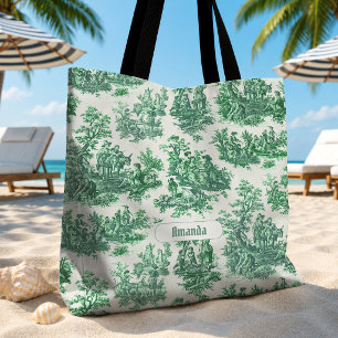 Bolsa Tote Toile de Jouy floral verde vintage monograma